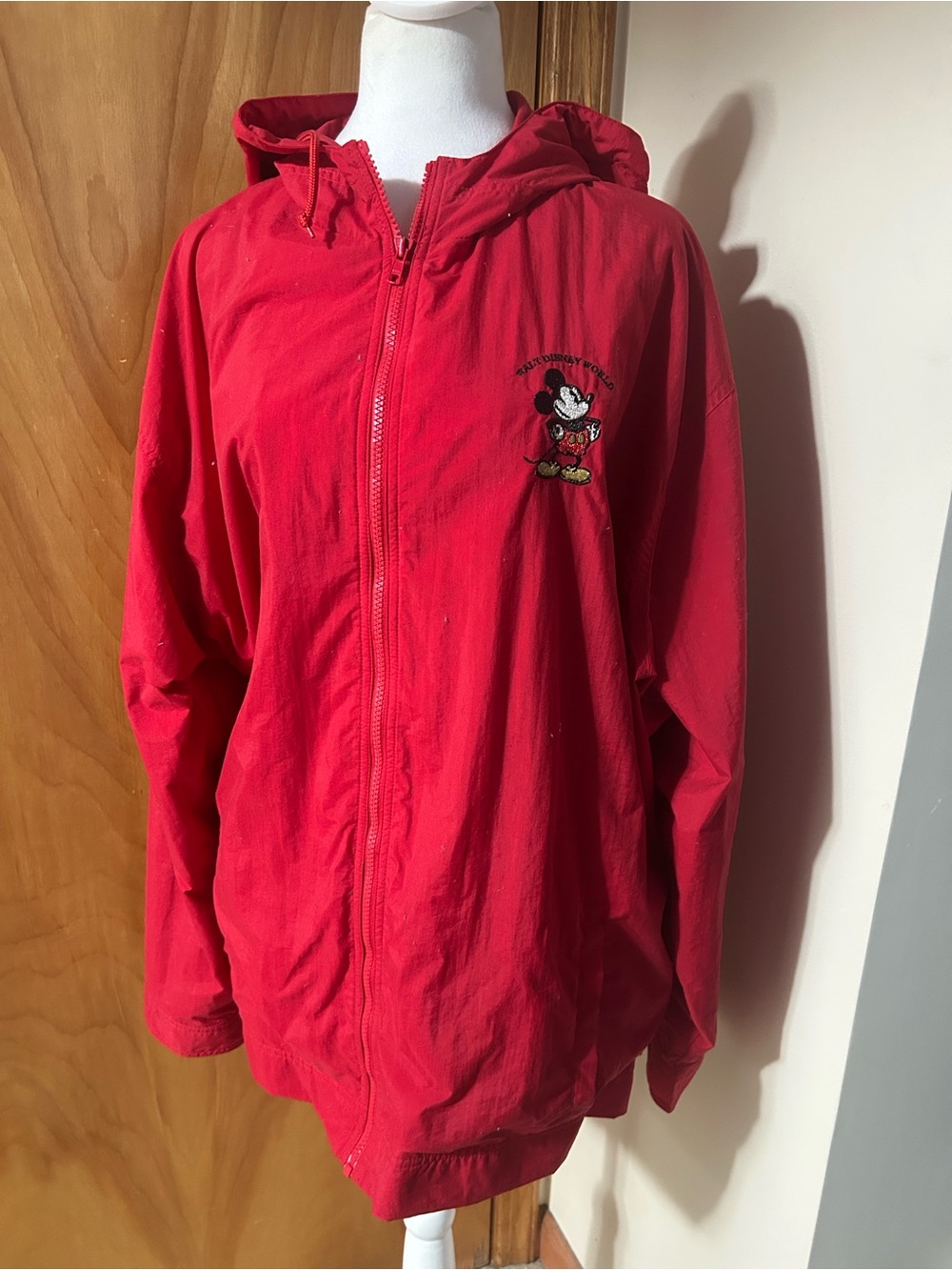 Ladies Red Hooded Jacket with Mickey Embroidery